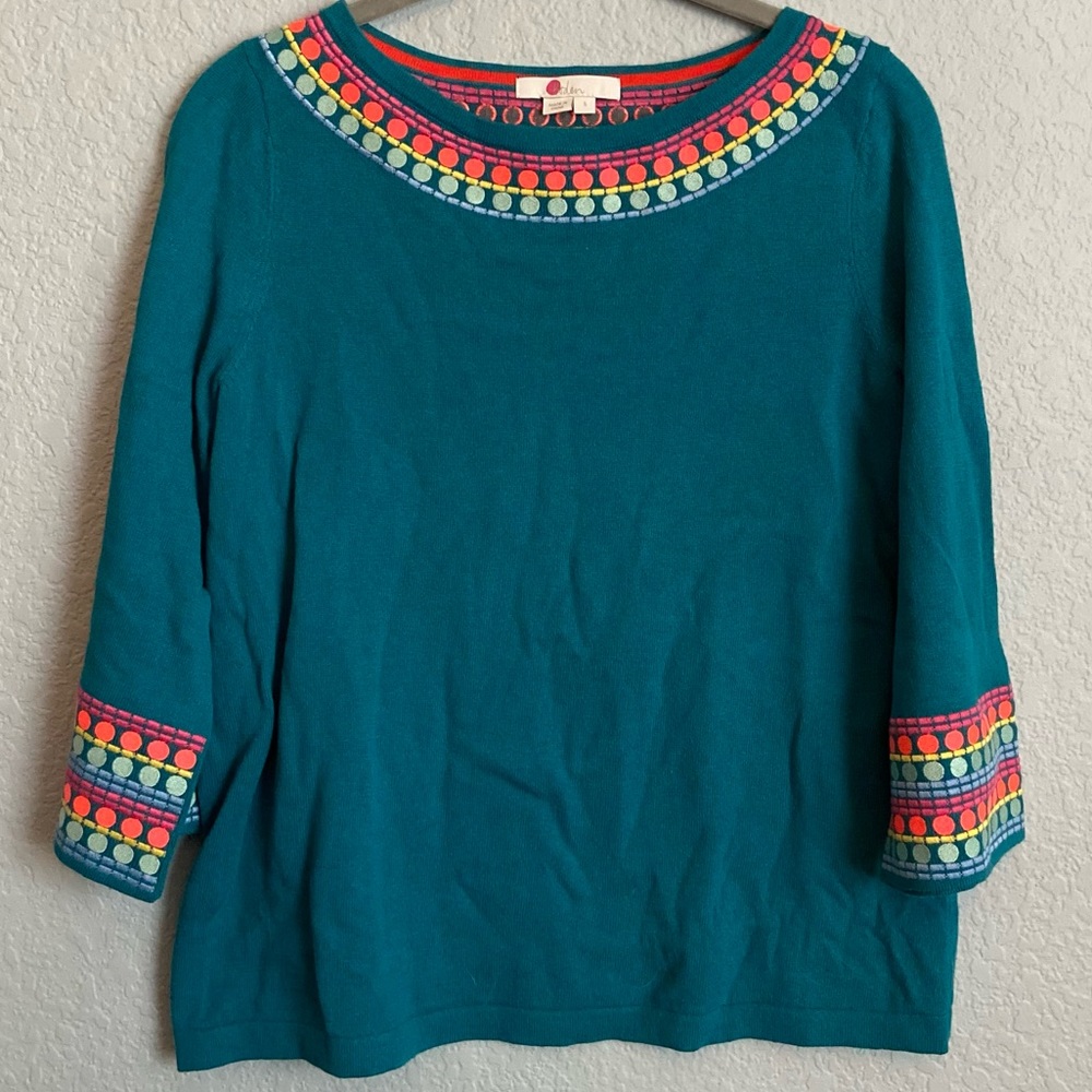Boden Teal Sweater with 3/4 Bell Sleeve